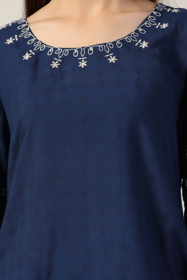 Blue Embroidered Casual Top