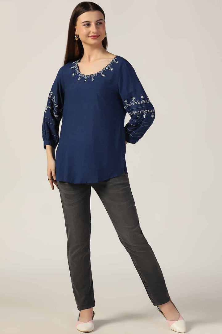 Blue Embroidered Casual Top