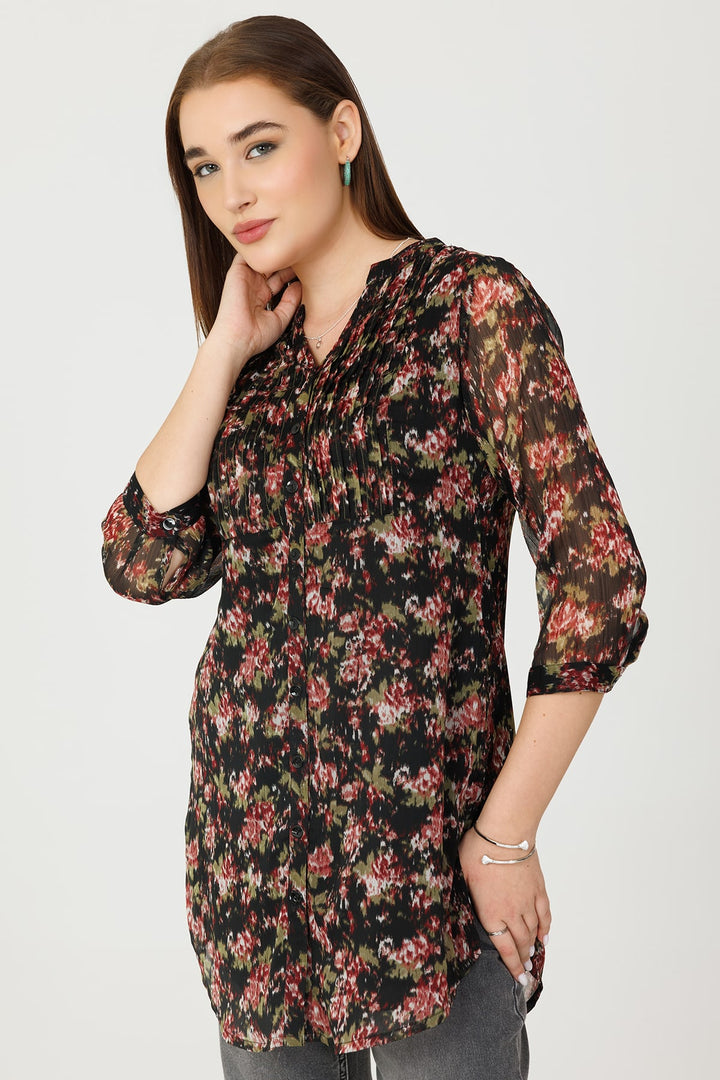 Black Chiffon Pintuck Tunic with Mandarin Collar