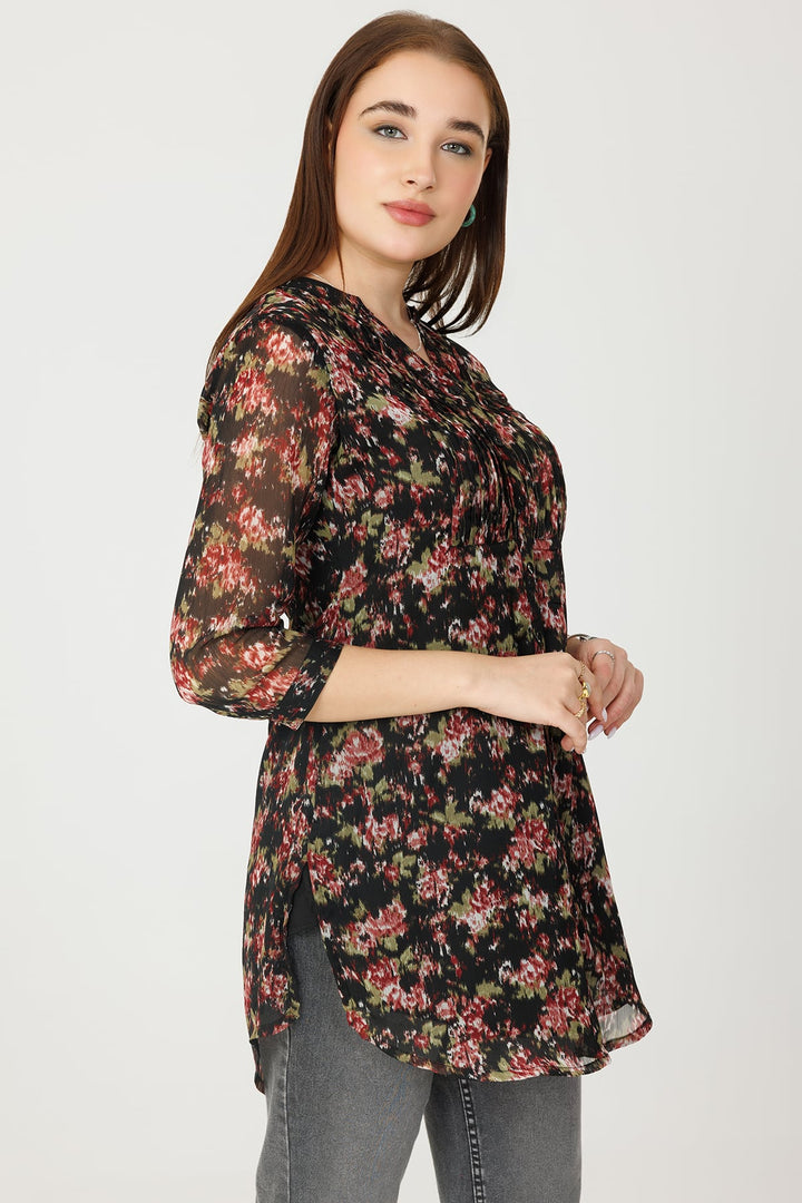 Black Chiffon Pintuck Tunic with Mandarin Collar