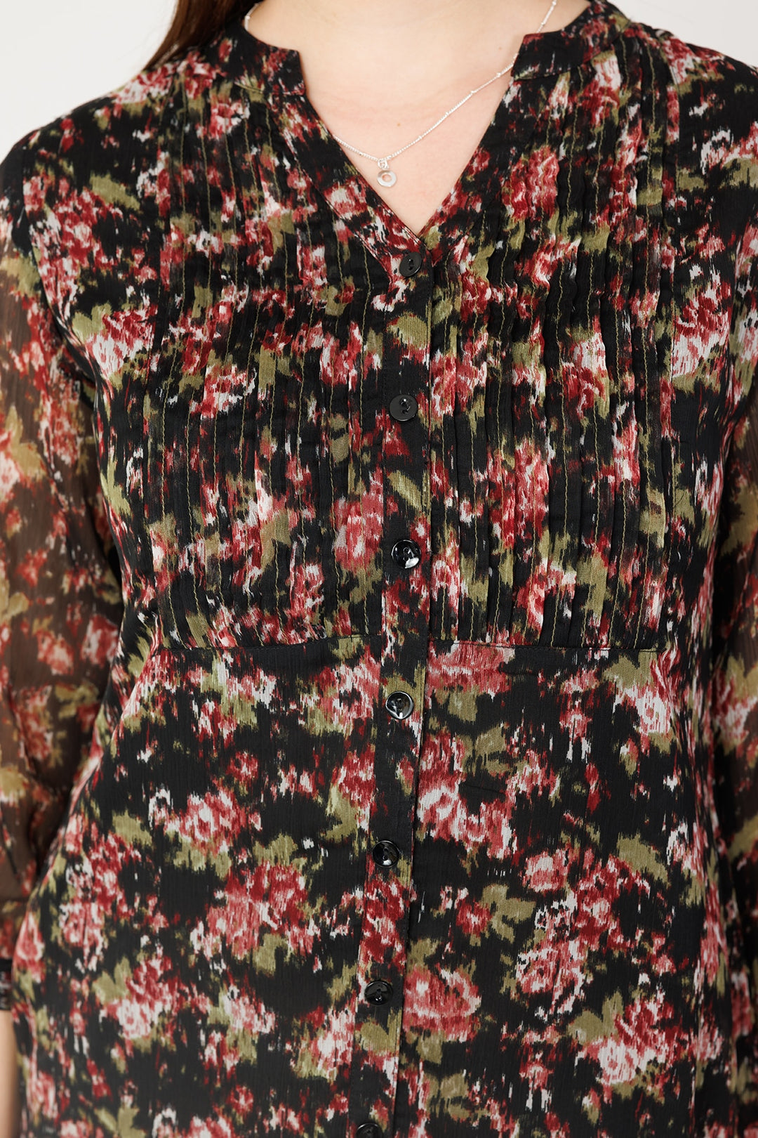 Black Chiffon Pintuck Tunic with Mandarin Collar