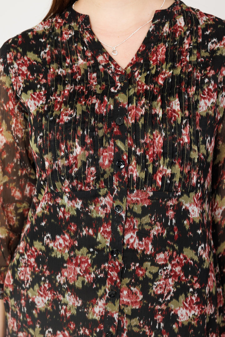 Black Chiffon Pintuck Tunic with Mandarin Collar