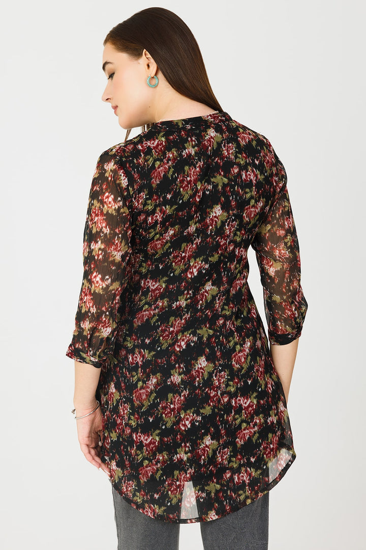 Black Chiffon Pintuck Tunic with Mandarin Collar