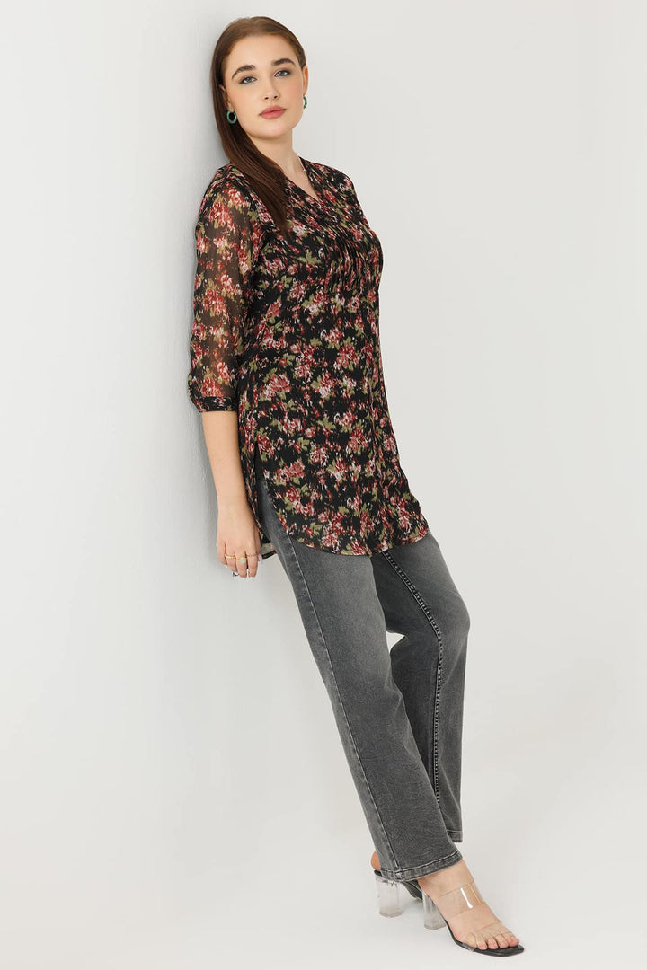 Black Chiffon Pintuck Tunic with Mandarin Collar