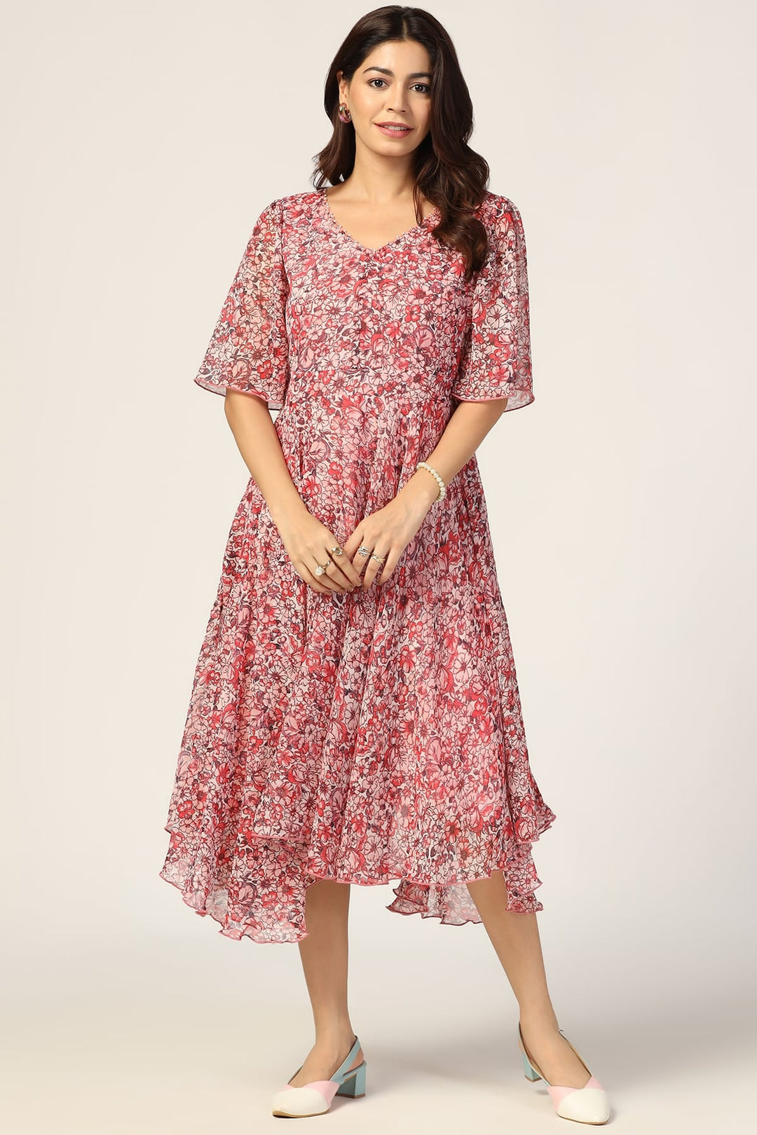 Coral Red Printed V-Neck Dress
