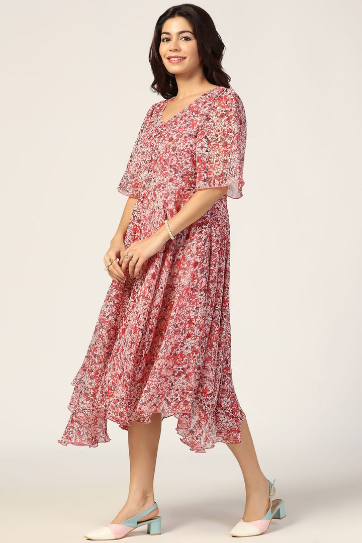Coral Red Printed V-Neck Dress