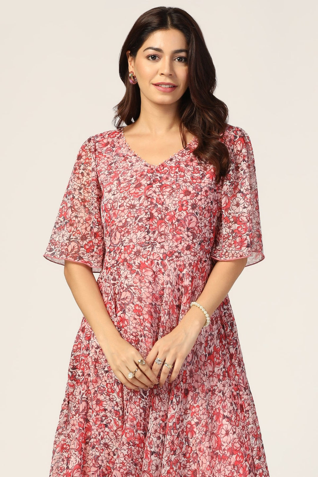 Coral Red Printed V-Neck Dress