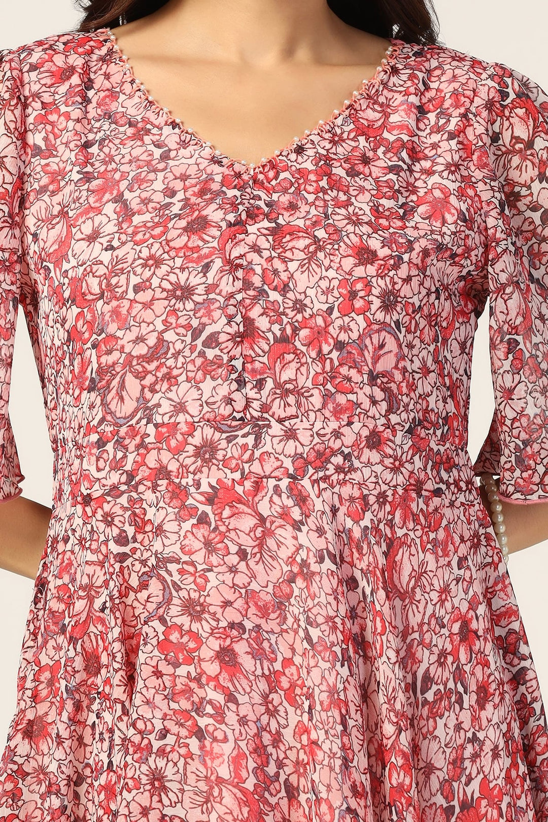 Coral Red Printed V-Neck Dress