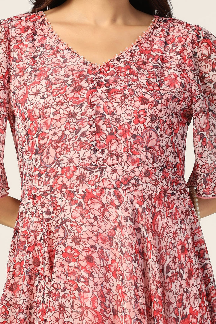 Coral Red Printed V-Neck Dress