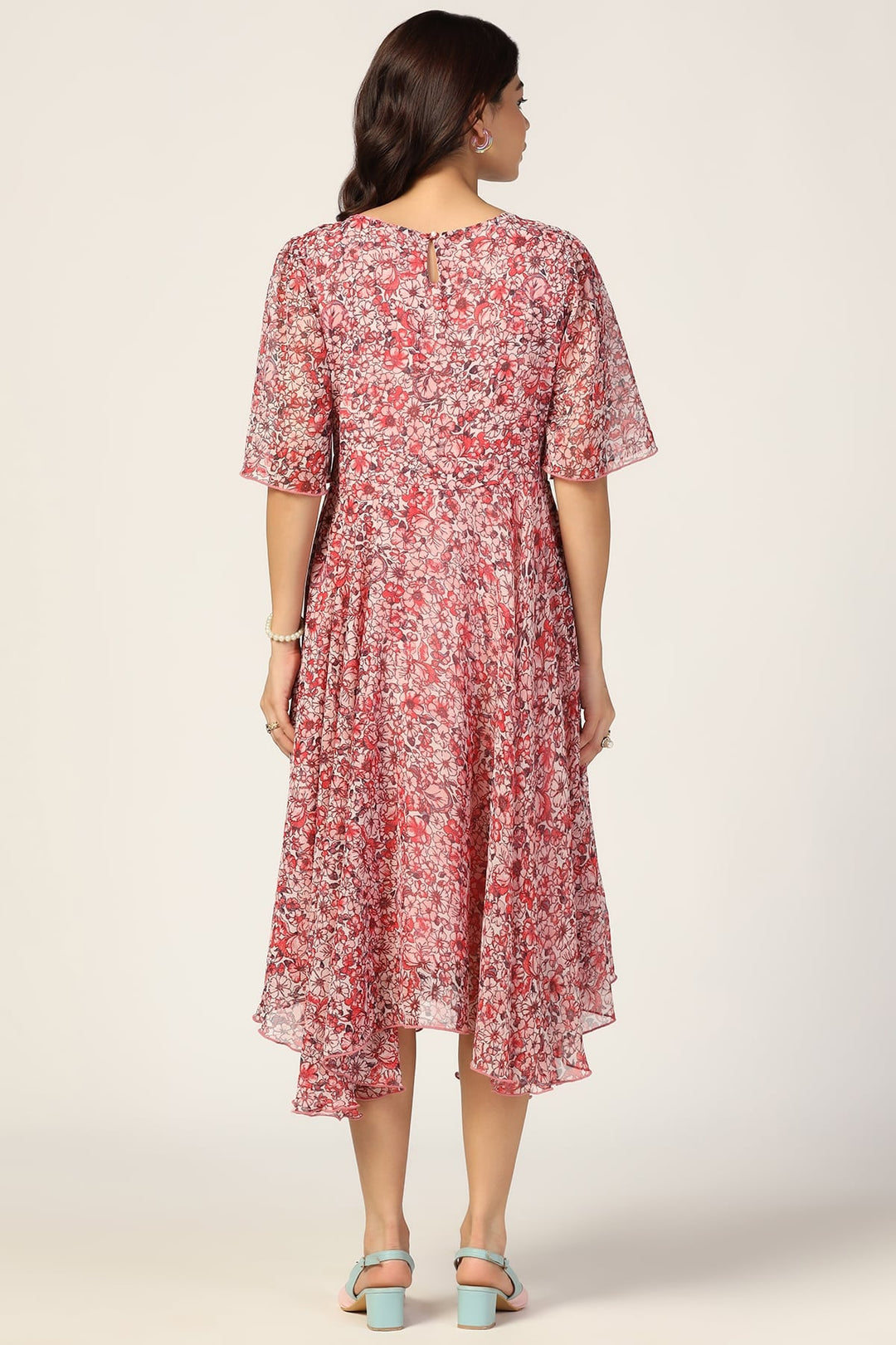 Coral Red Printed V-Neck Dress
