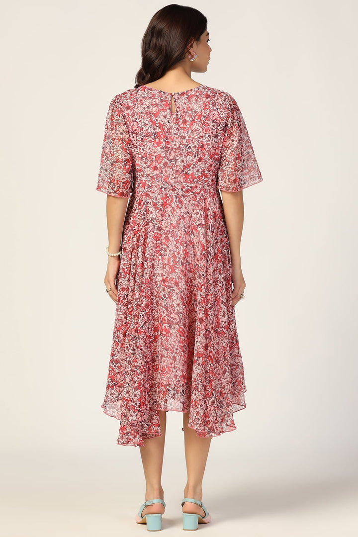 Coral Red Printed V-Neck Dress