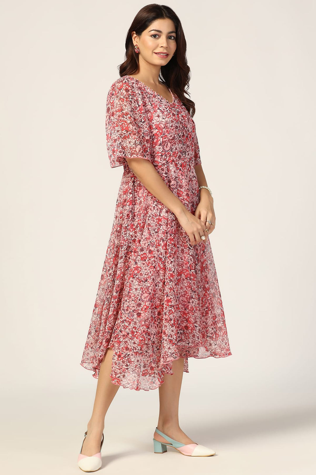 Coral Red Printed V-Neck Dress