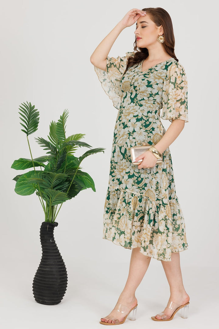 Green Printed Chiffon V-Neck Casual Dress