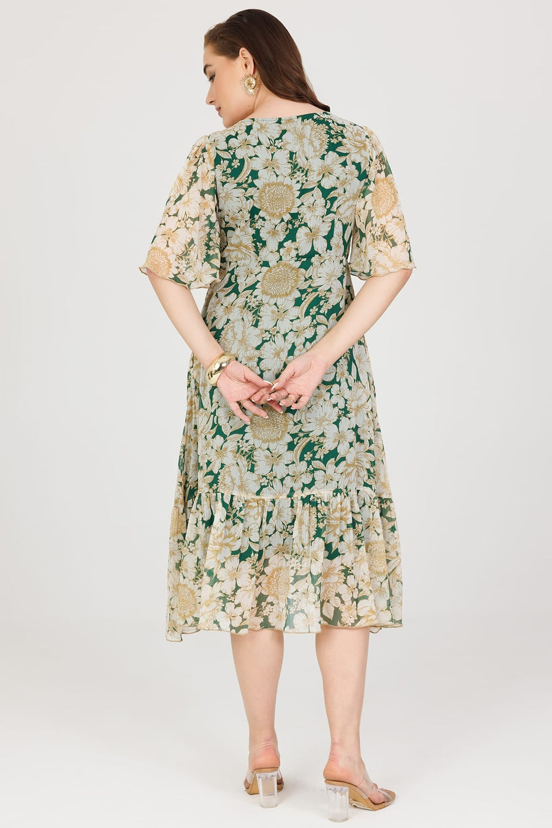 Green Printed Chiffon V-Neck Casual Dress