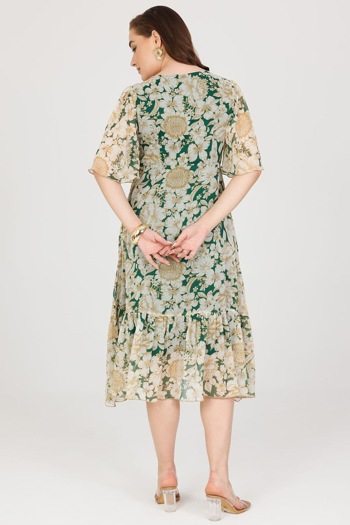 Green Printed Chiffon V-Neck Casual Dress