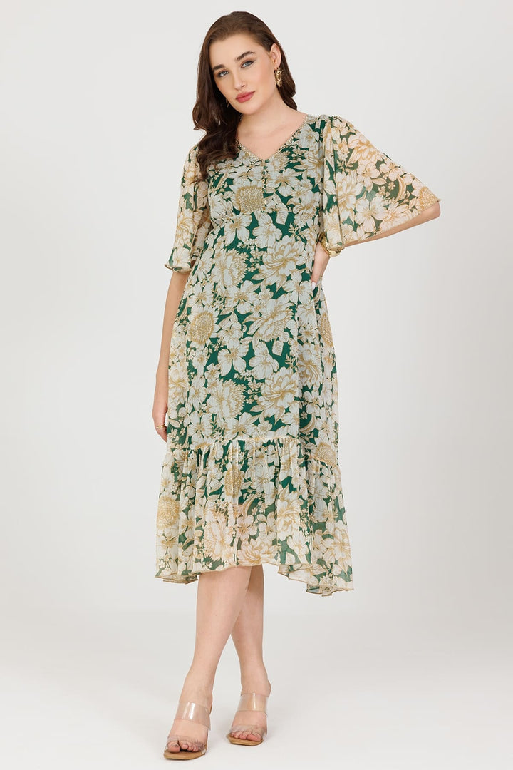 Green Printed Chiffon V-Neck Casual Dress