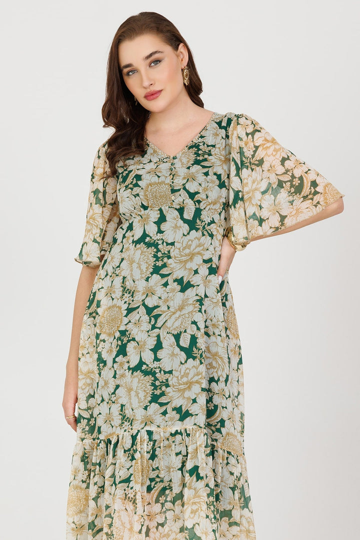Green Printed Chiffon V-Neck Casual Dress