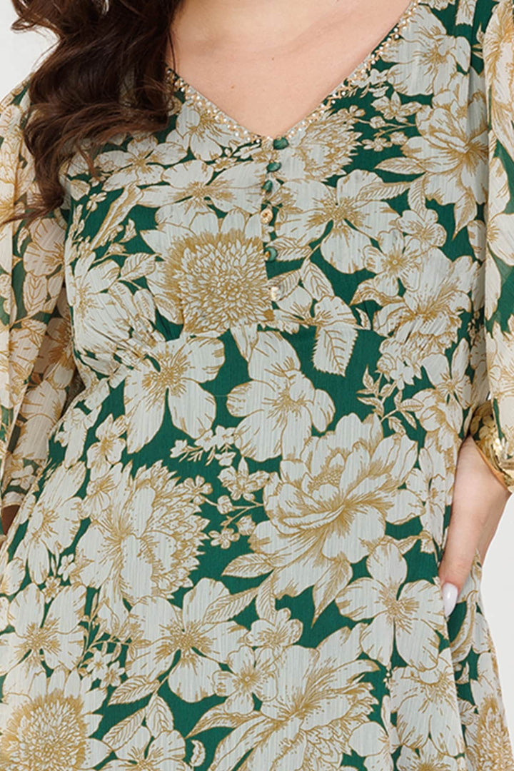 Green Printed Chiffon V-Neck Casual Dress