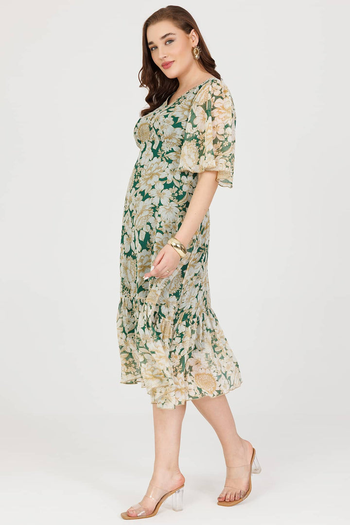 Green Printed Chiffon V-Neck Casual Dress