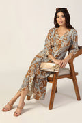 Grey Printed Rayon Dress with V Neck