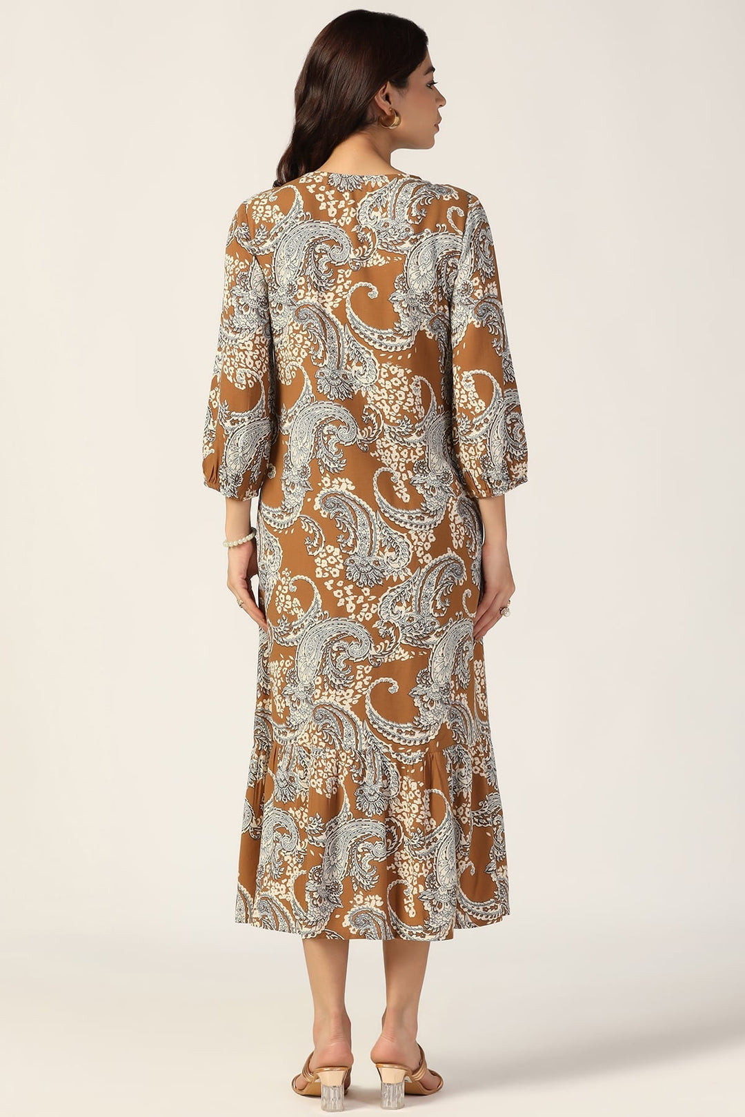 Grey Printed Rayon Dress with V Neck