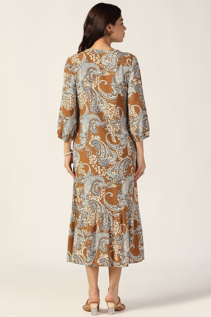 Grey Printed Rayon Dress with V Neck