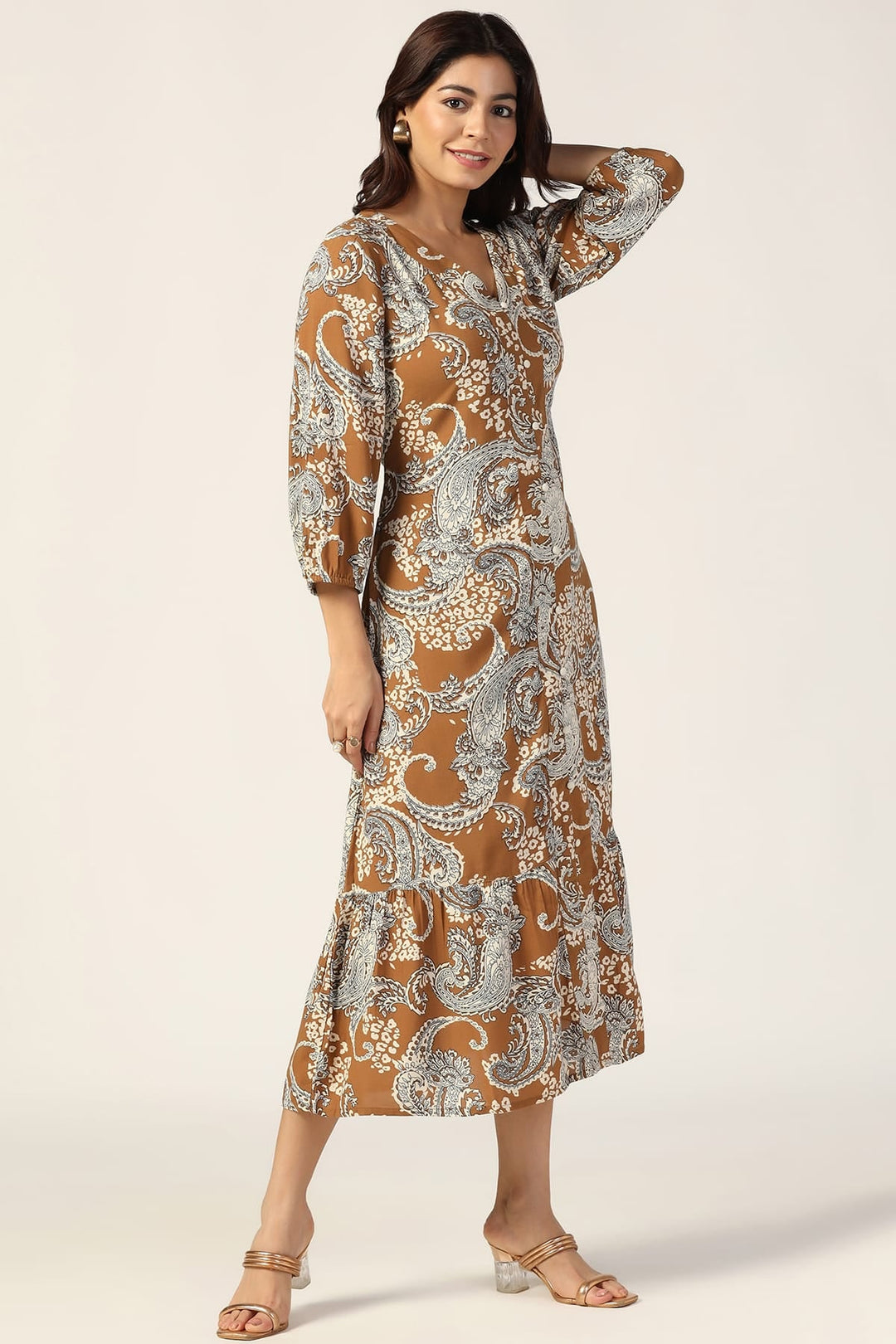 Grey Printed Rayon Dress with V Neck