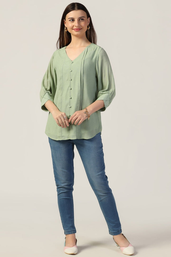 Green Crepe Casual Top with V Neck and 3/4th Sleeves