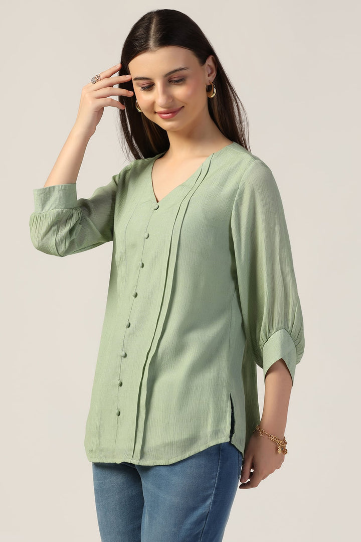 Green Crepe Casual Top with V Neck and 3/4th Sleeves