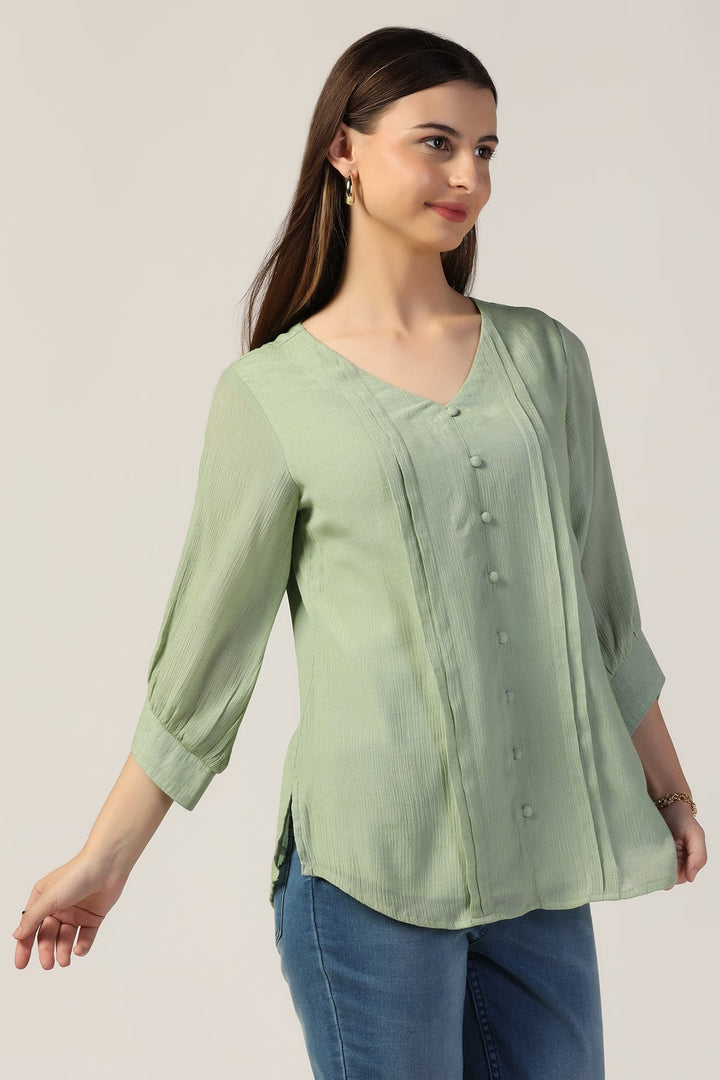 Green Crepe Casual Top with V Neck and 3/4th Sleeves