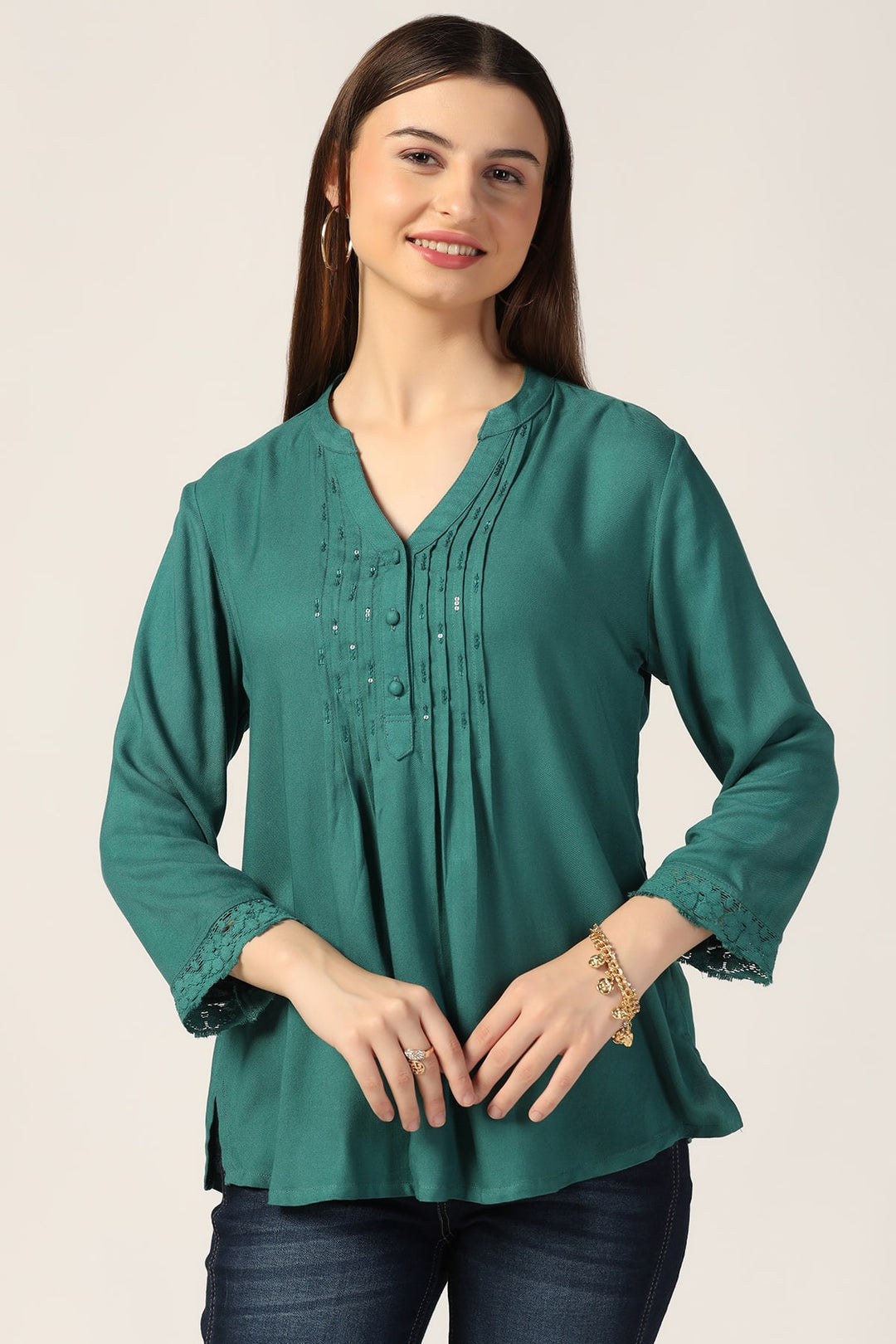 Pintuck Detail Casual Top in Emerald Green