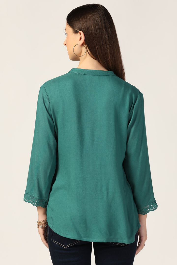 Pintuck Detail Casual Top in Emerald Green