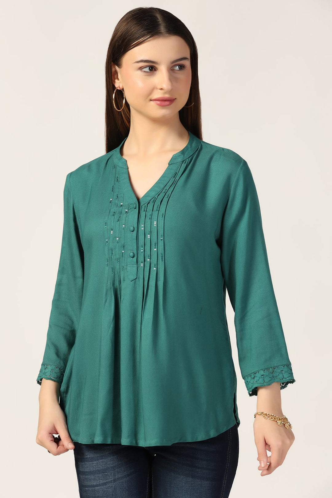 Pintuck Detail Casual Top in Emerald Green