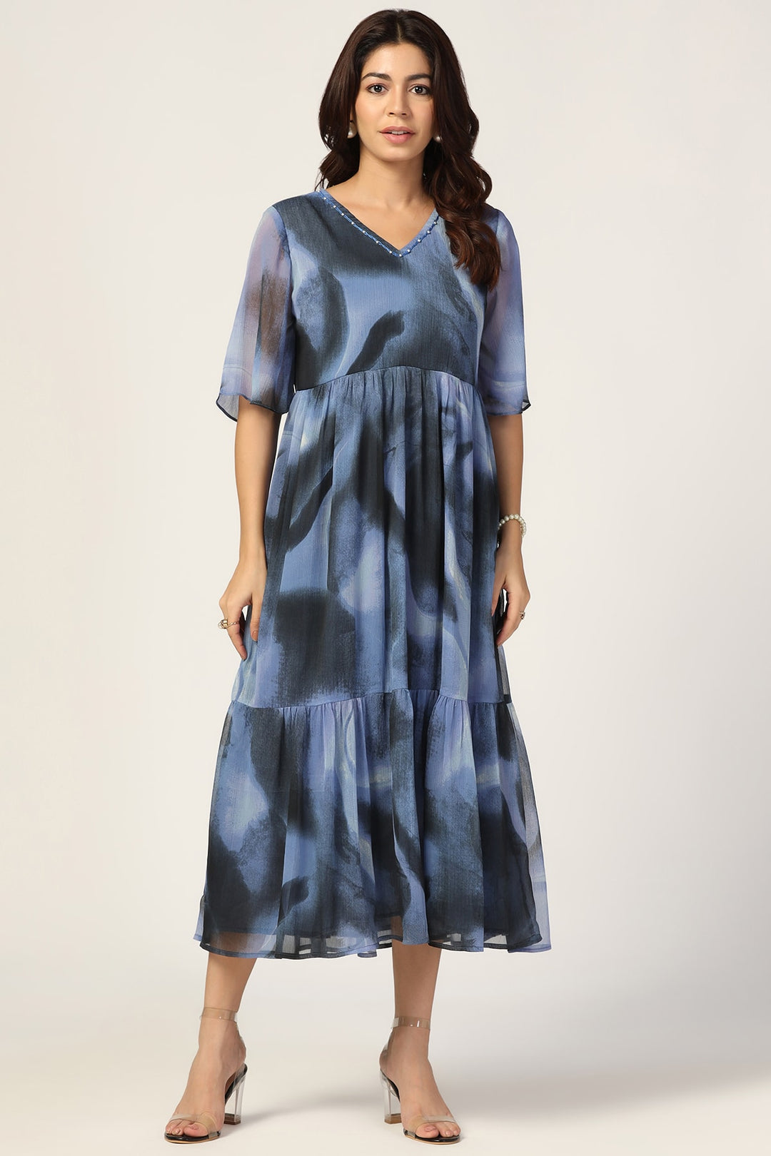 Blue &amp; Black Chiffon Dress with V Neck and Half Sleeves