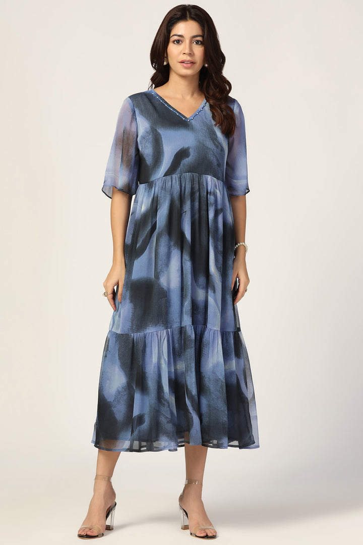 Blue &amp; Black Chiffon Dress with V Neck and Half Sleeves