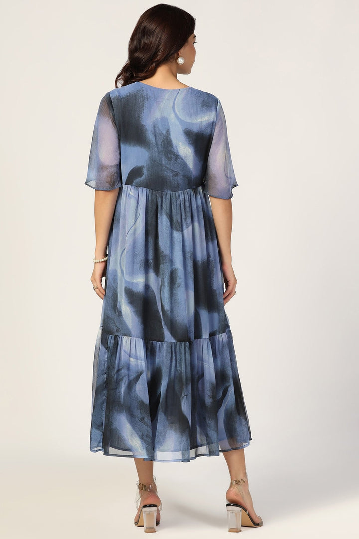 Blue &amp; Black Chiffon Dress with V Neck and Half Sleeves