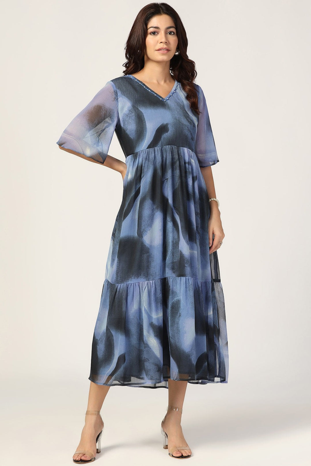 Blue &amp; Black Chiffon Dress with V Neck and Half Sleeves