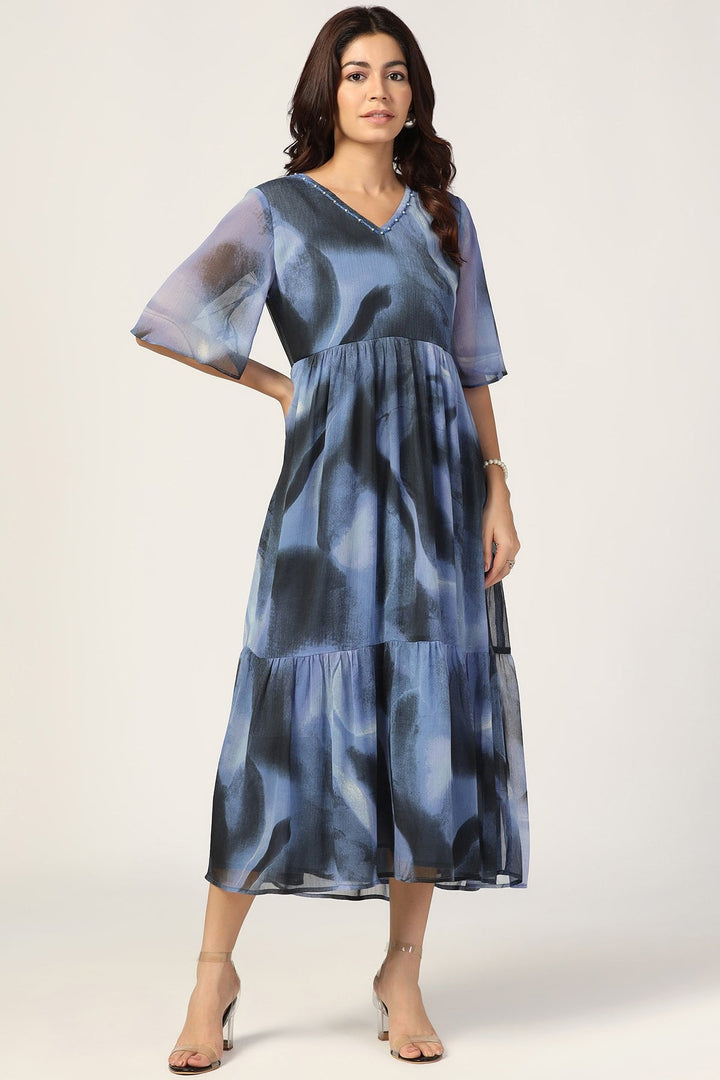 Blue &amp; Black Chiffon Dress with V Neck and Half Sleeves