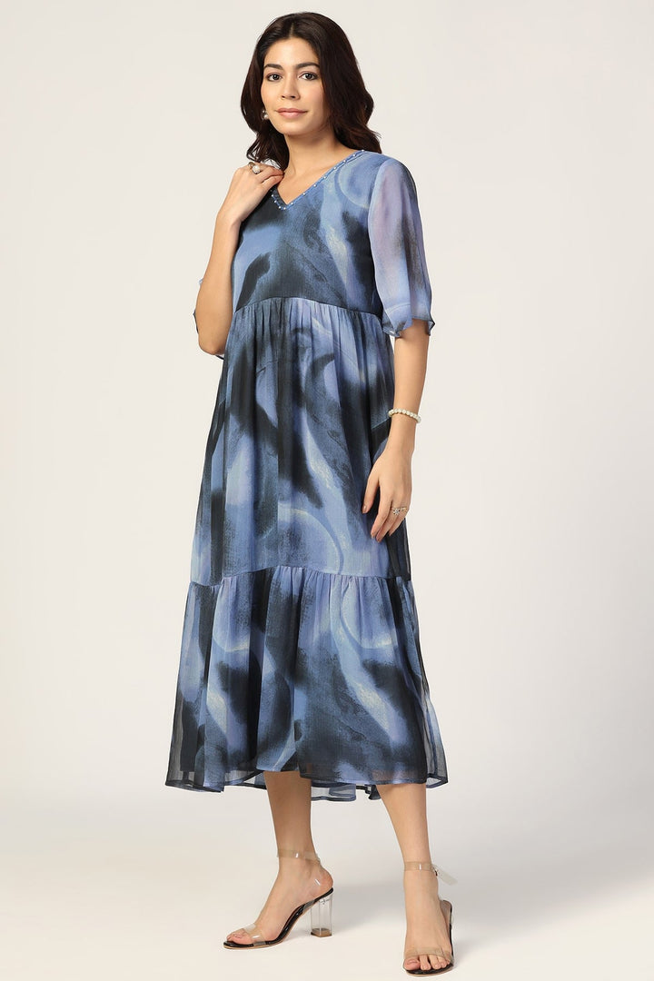 Blue &amp; Black Chiffon Dress with V Neck and Half Sleeves