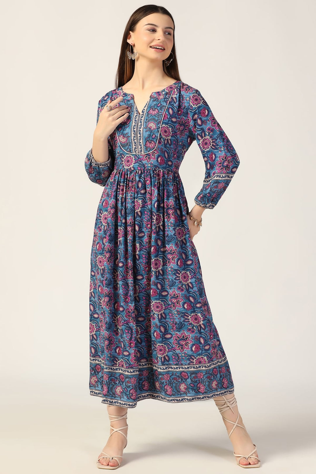 Blue Printed Rayon Dress with Round Neck