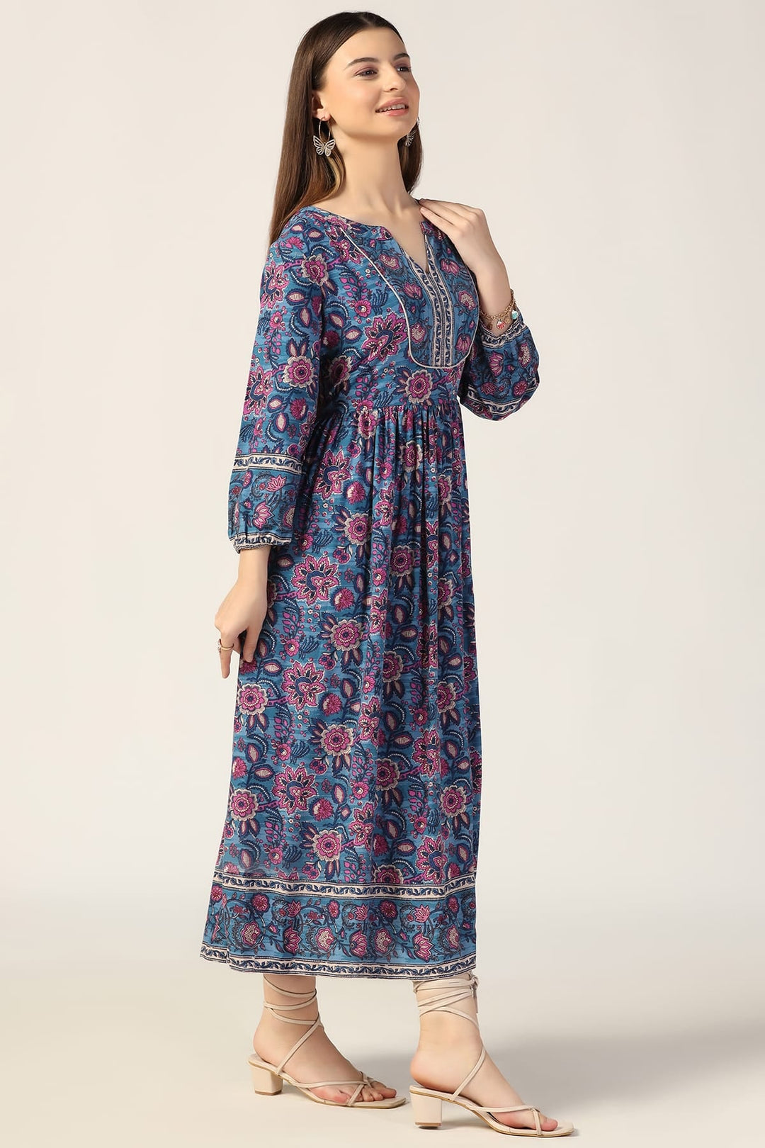 Blue Printed Rayon Dress with Round Neck