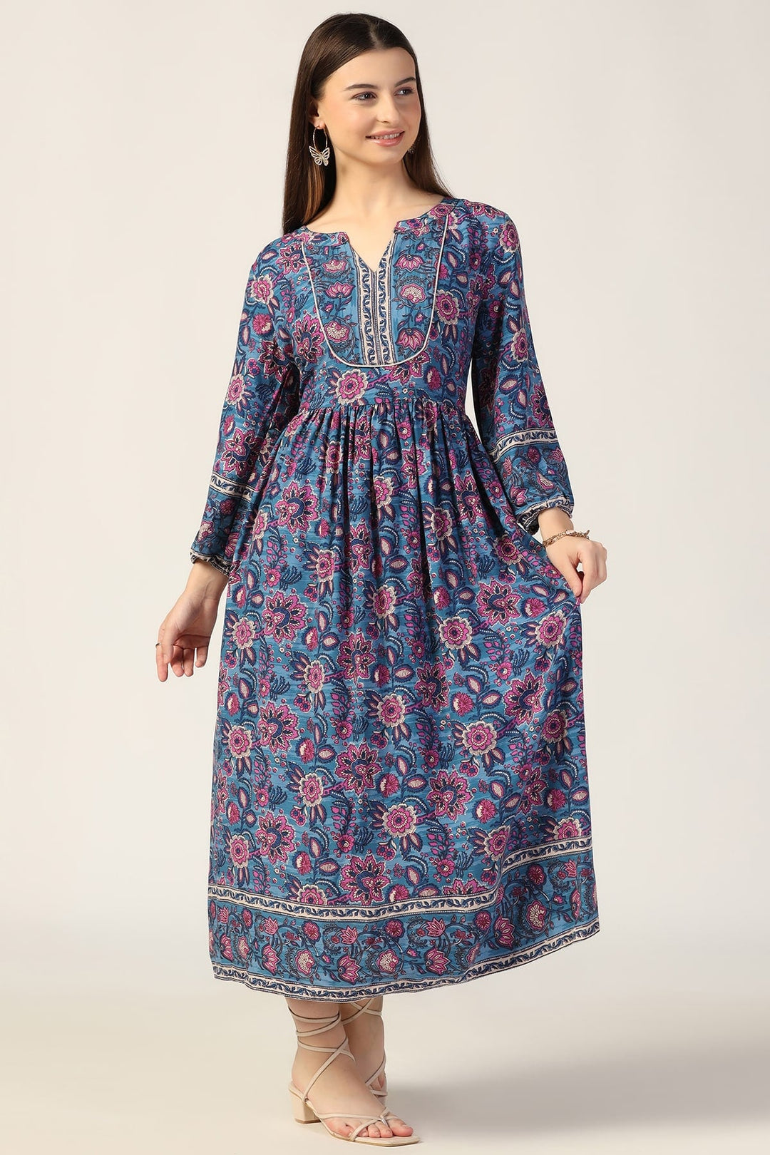 Blue Printed Rayon Dress with Round Neck