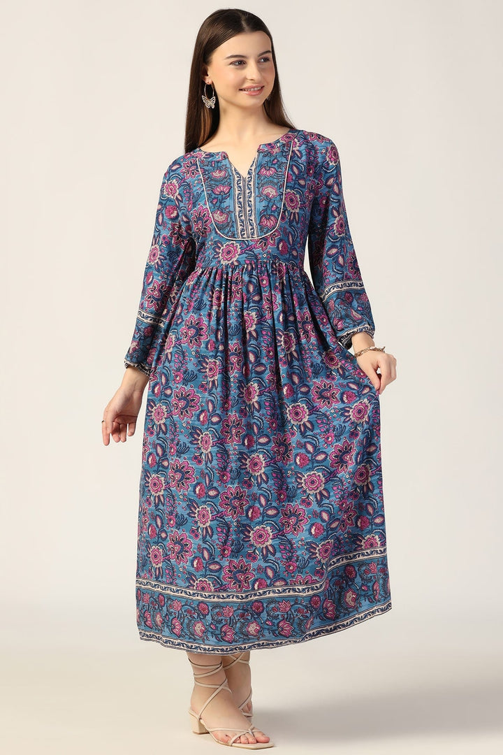 Blue Printed Rayon Dress with Round Neck