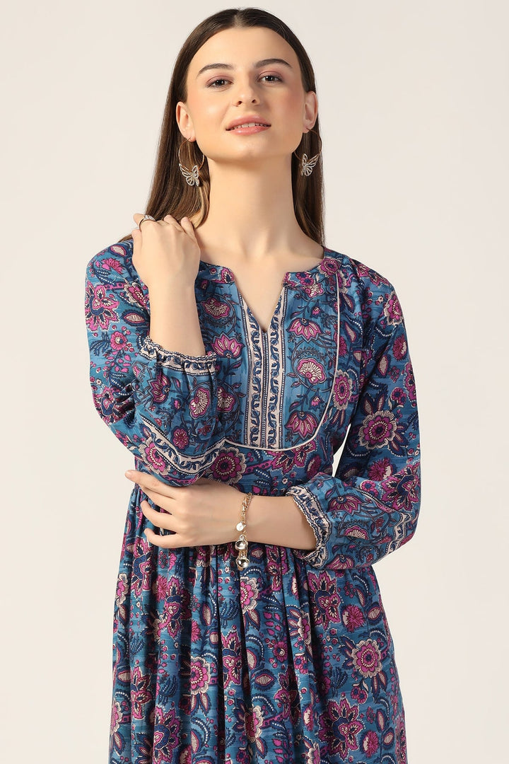 Blue Printed Rayon Dress with Round Neck