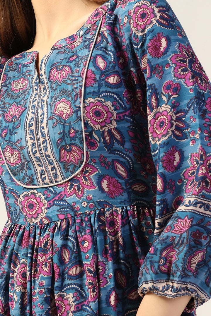 Blue Printed Rayon Dress with Round Neck