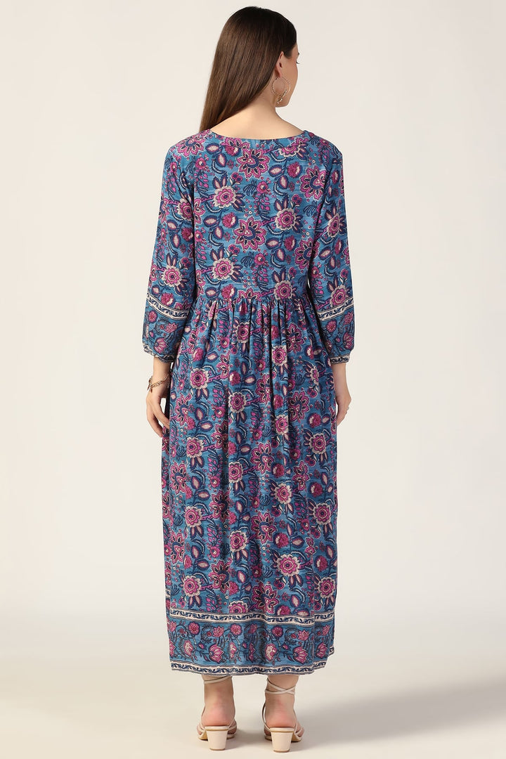 Blue Printed Rayon Dress with Round Neck