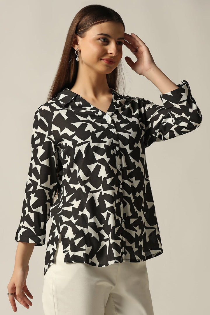 Black &amp; White Printed Rayon Shirt with 3/4th Sleeves