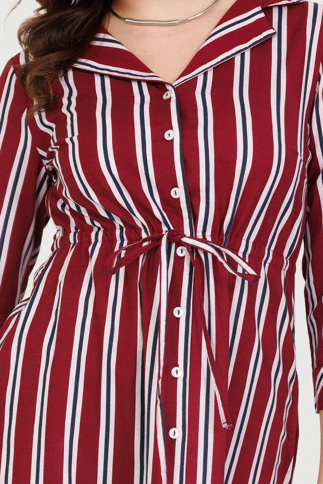 Maroon Striped Rayon Slub Dress with Lapel