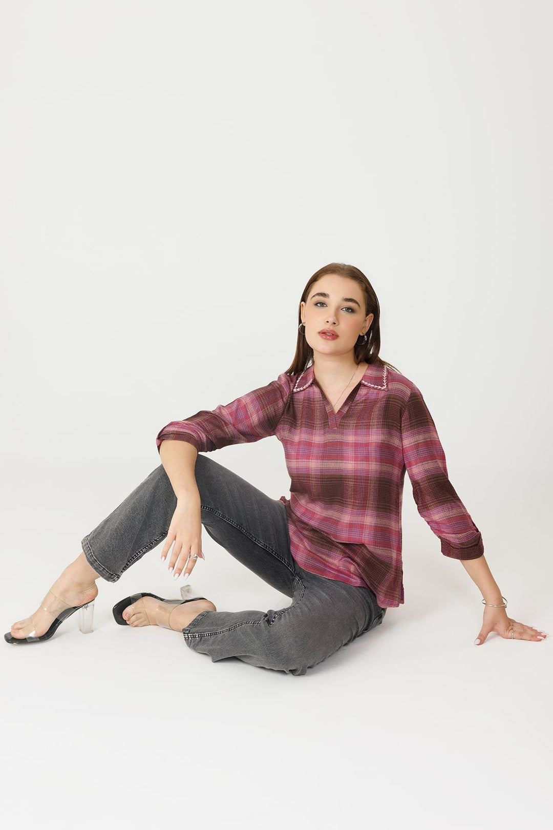 Woolen Check Winter Pink Top 3/4th Sleeves