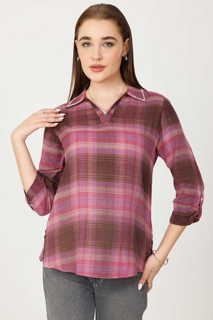 Woolen Check Winter Pink Top 3/4th Sleeves